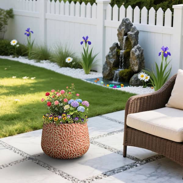 18 in. Dia Round Concrete Planter Bowl with Teal Floral Patterns Large Plant Pot with Drainage Holes for Outdoor Indoor