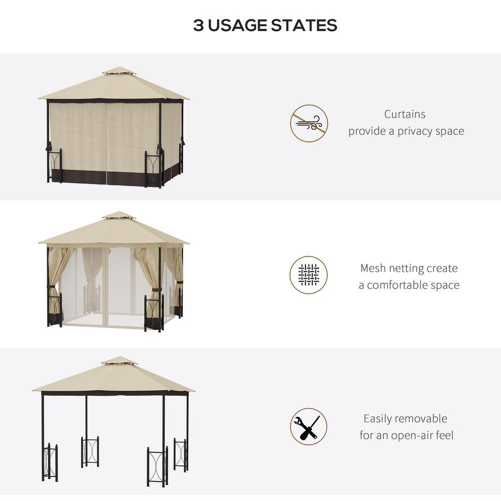 Beige and Black Steel Frame Patio Gazebo with Curtains