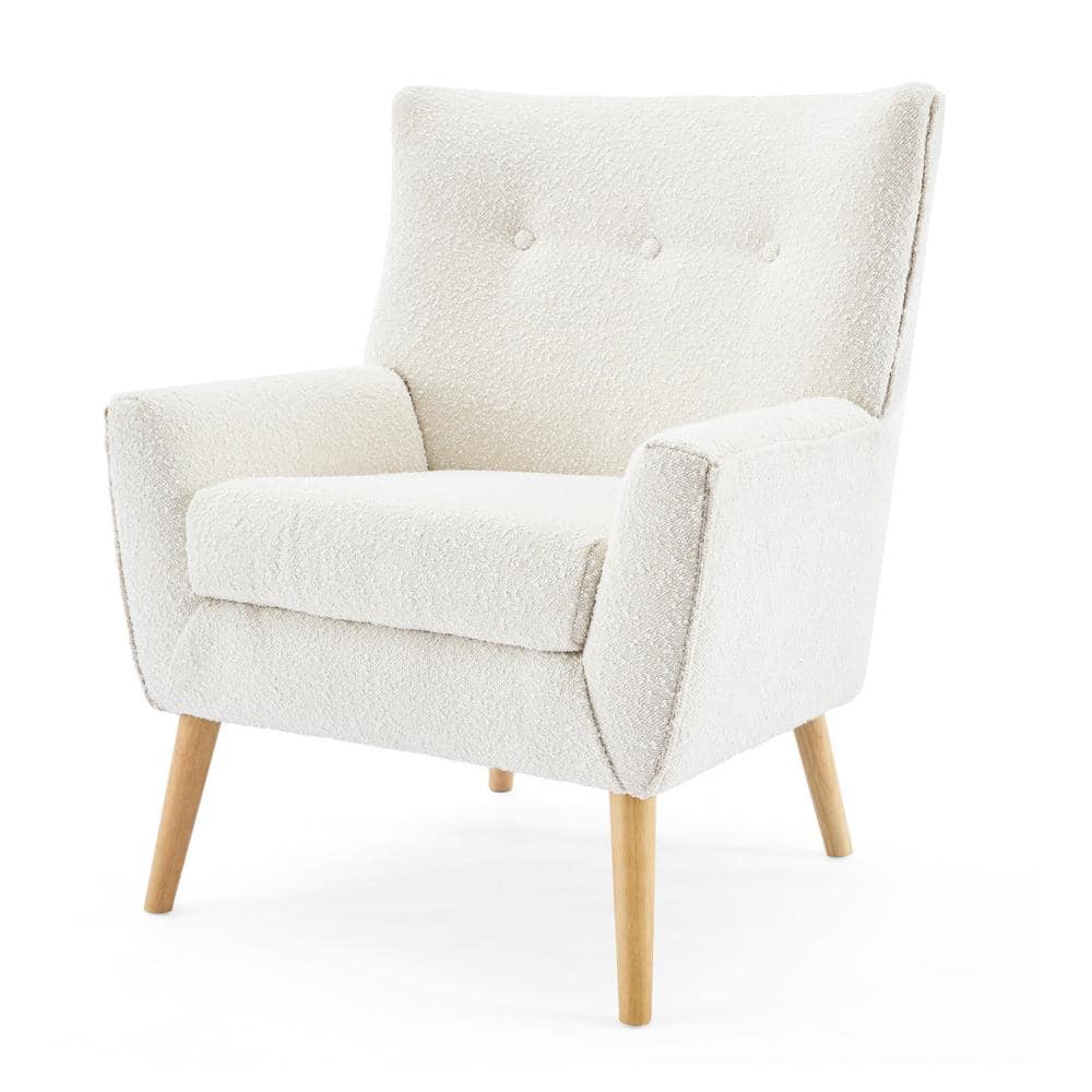 Contemporary White Boucle Upholstered Club Chair with Natural Wood Legs