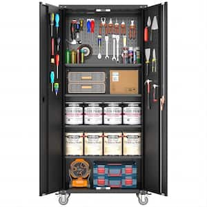 16 in. D x 31 in. W x 71 in.H Metal Storage Freestanding Cabinet Set with Pegboard and Wheels in Black