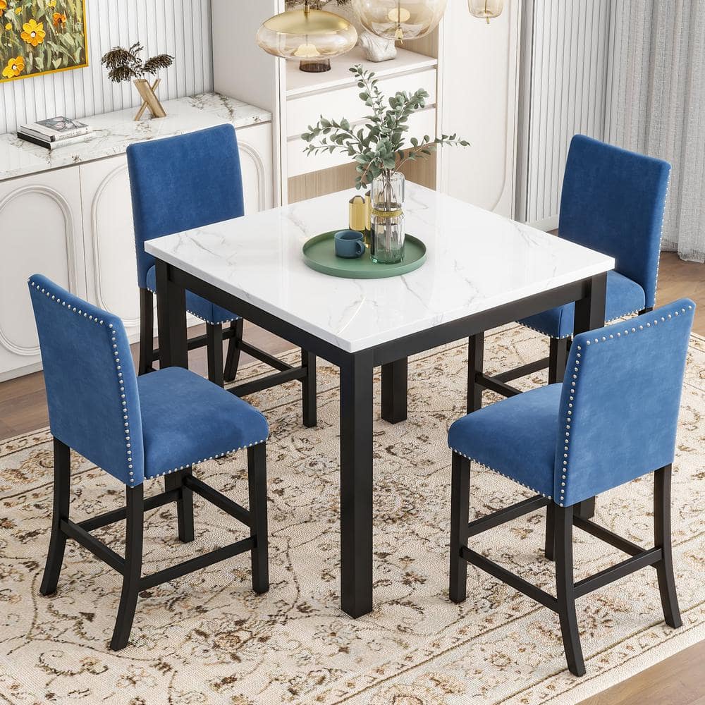 5-Piece Square Blue and White Faux Marble Top Counter Height Dining Table Set Seats 4 with 4 Velvet Chairs, Nail Head price history on PriceWatchPro