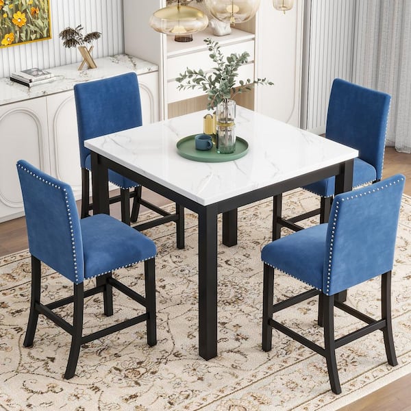 Harper & Bright Designs 5-Piece Square Blue and White Faux Marble Top Counter Height Dining Table Set Seats 4 with 4 Velvet Chairs, Nail Head