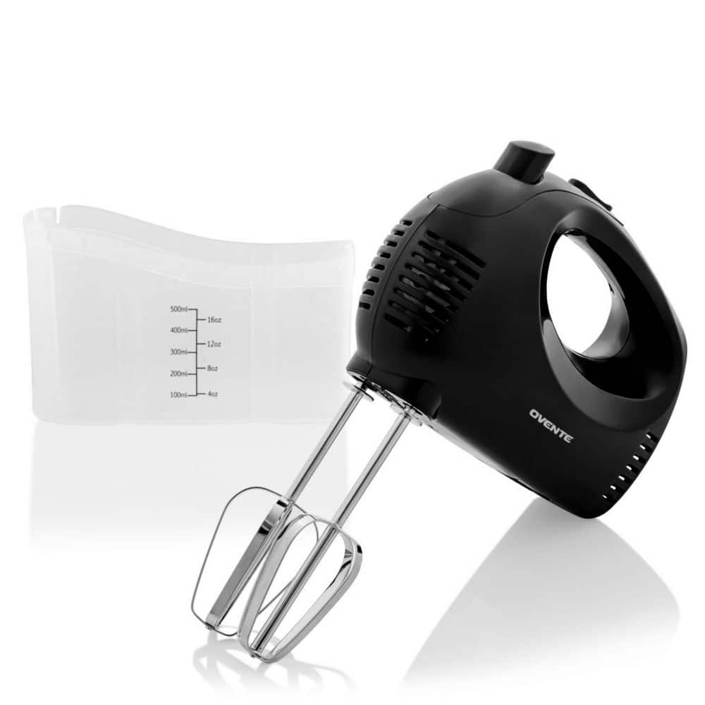 OVENTE Portable Electric Hand Mixer 5 Speed Mixing, 150W Powerful Blender  for Baking & Cooking with 2 Stainless Steel Chrome Beater Attachments &  Snap Clear Case Compact Easy Storage, Black HM161B 