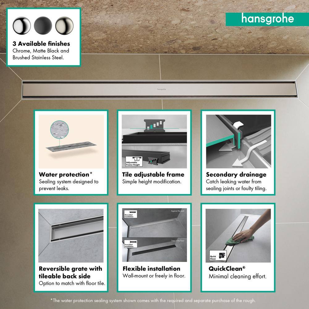 Chrome Stainless Steel Linear Tileable Shower Drain with Adjustable Frame