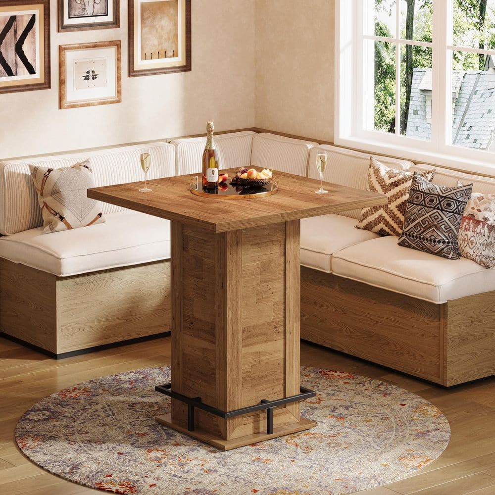 Kearsten 39.4 in. H Square Brown Round Bar Table, Bistro Pub Table with Metal Footrest Kitchen Nook, Home Bar
