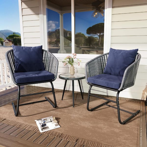 YIYEKE 3-Piece Wicker and Metal Outdoor Conversation Set with Cushions