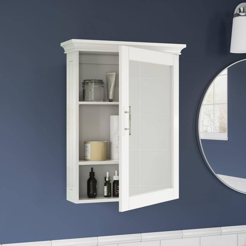 White Painted Mirrored Wall Mount Storage Cabinet with Adjustable Shelf