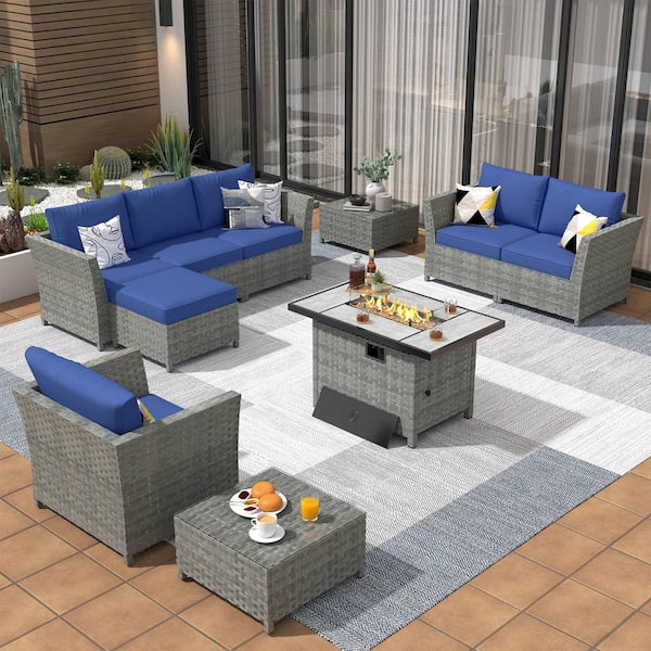 XIZZI Yosemite Gray 10-Piece Wicker Outerdoor Patio Rectangular Fire Pit Set with Navy Blue Cushions
