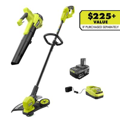 RYOBI ONE+ 18V Cordless Battery String Trimmer/Edger and Jet Fan Blower Combo Kit (2-Tools) with 4.0 Ah Battery and Charger ONE+ 18V Cordless Battery String Trimmer/Edger and Jet Fan Blower Combo Kit (2-Tools) with 4.0 Ah Battery and Charger