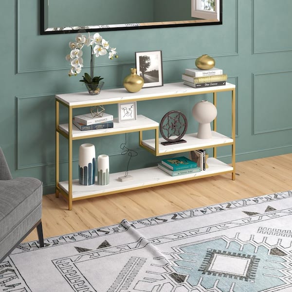 Meyer&Cross Mathis 55 in. Gold Finish and Faux Marble Rectangular Faux Marble Top Console Table