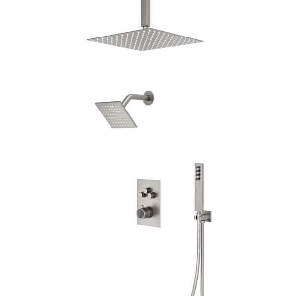 Crozet Thermostatic 7-Spray Ceiling Mount Dual Fixed and Handheld Shower Head Shower Faucet 2.5 GPM in Brushed Nickel
