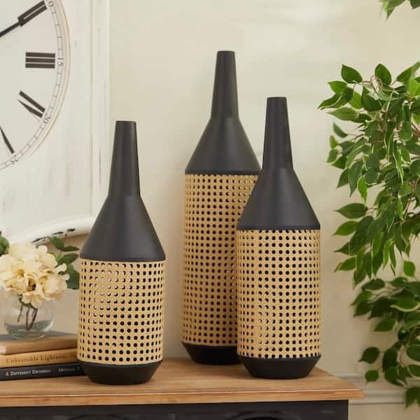 Novogratz 24 in., 20 in., 18 in. Brown Metal Decorative Vase with Cane Detail (Set of 3)