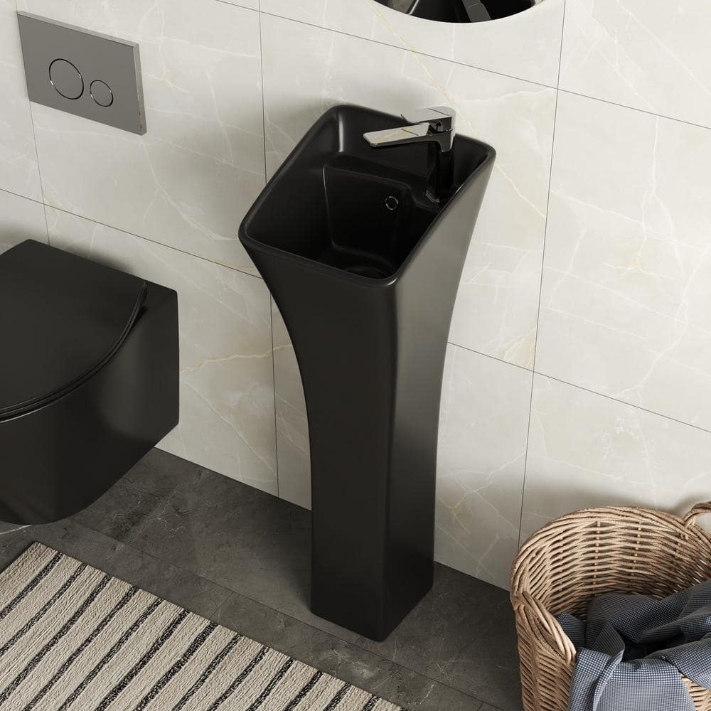 Black Ceramic Modern Pedestal Bathroom Sink with Overflow