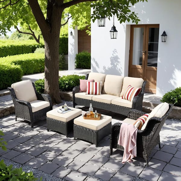 Erie Lake Brown 5-Piece Wicker Outdoor Patio Conversation Seating Sofa Set with Beige Cushions
