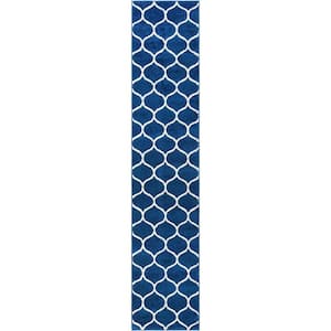 Trellis Frieze Collection Area Rug - Rounded (2 ft. x 10 ft. Runner Navy Blue/Ivory)