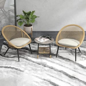 3-Piece Wicker Patio Conversation Set Oversized Patio Chairs with Beige Cushion and Side Table for Porch