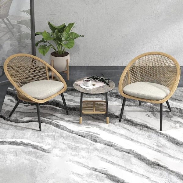 Yangming 3-Piece Wicker Patio Conversation Set Oversized Patio Chairs with Beige Cushion and Side Table for Porch