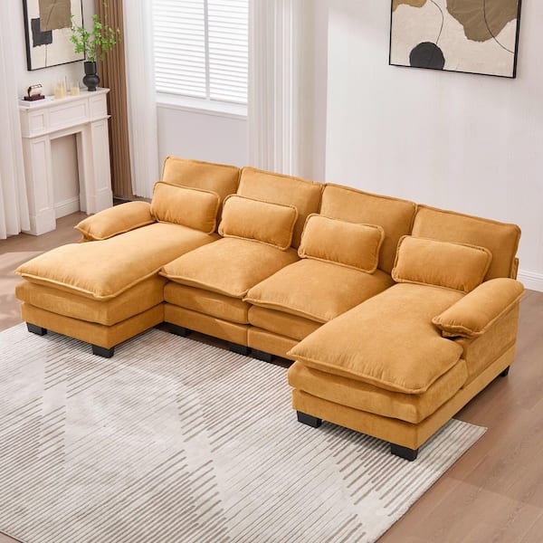 108 in. Modern Chenille 4-Piece U-Shaped Sectional Sofa With Double Chaise And Pillow Back in Yellow