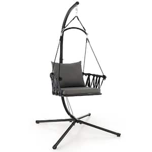 1-Person Black Metal Patio Swing with Stand Woven Backrest Seat Cushions
