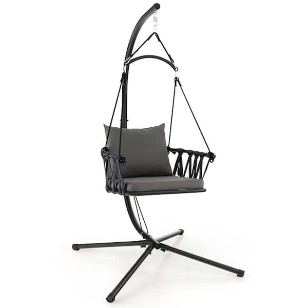 Costway 1-Person Black Metal Patio Swing with Stand Woven Backrest Seat Cushions