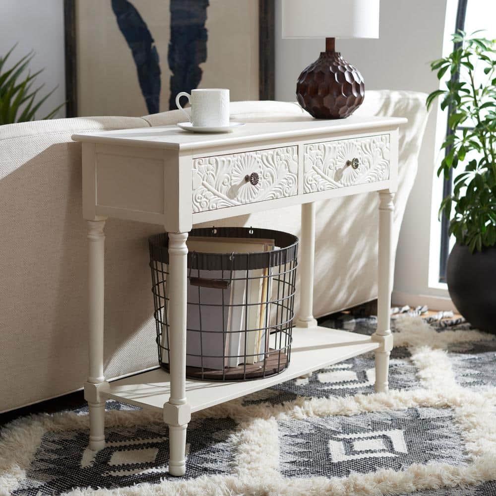 Distressed White Carved Wood Hallway Table with Storage