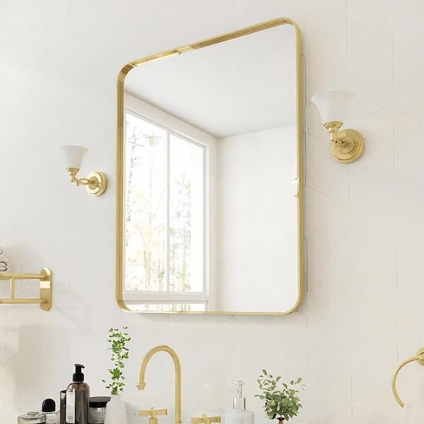 28 in. W x 36 in. H Rectangular Aluminum Framed Wall Bathroom Vanity Mirror in Gold