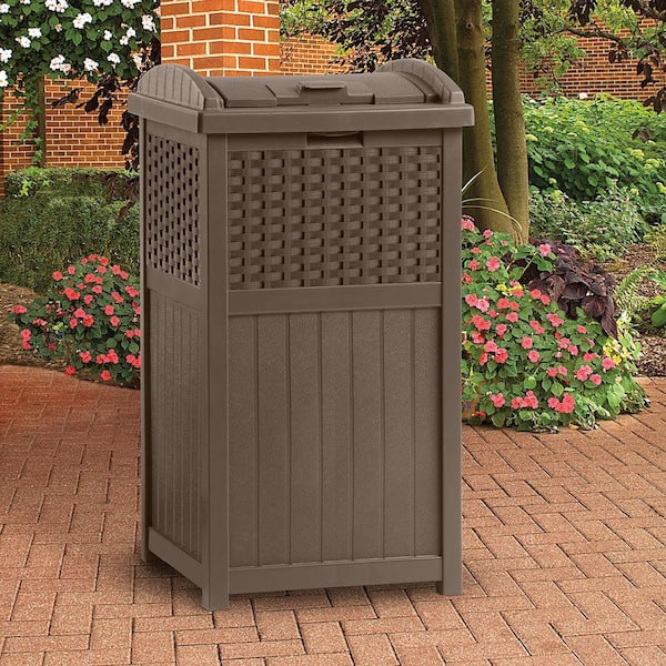 Suncast Plastic Trash Hideaway 30 Gallon Brown Outdoor Trash Can with Lid, Suitable for Patios, Decks and Backyards