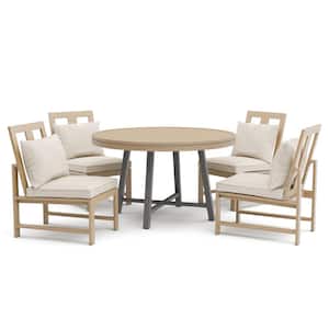 Lyon Brown 5-Piece Metal/Teak Round 3-In-1-Outdoor Dining Set with Beige Cushions and Chess Set