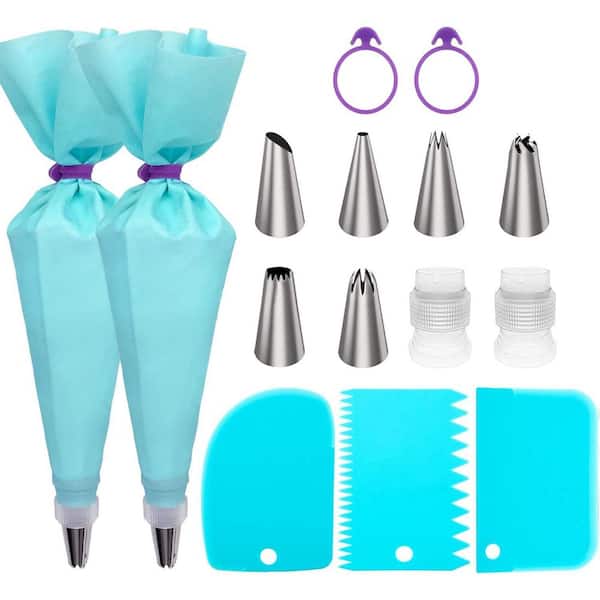 Reusable Silicone Piping Bags and Tips Set with 6 Stainless Steel Tips, 2 Converters, 2 Rings for Cake Decorating