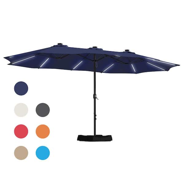 Mondawe 15 ft. Patio Solar Market Umbrella Double-Sided Outdoor Umbrella with Base and Detachable Light Strip in Navy Blue