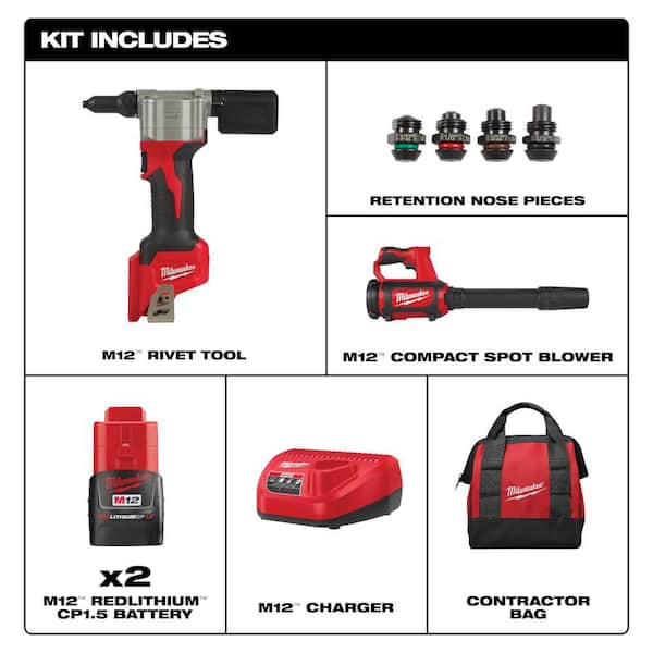 M12 12-Volt Lithium-Ion Cordless Rivet Tool Kit with (2) 1. 5Ah Batteries, Charger & Compact Spot Blower