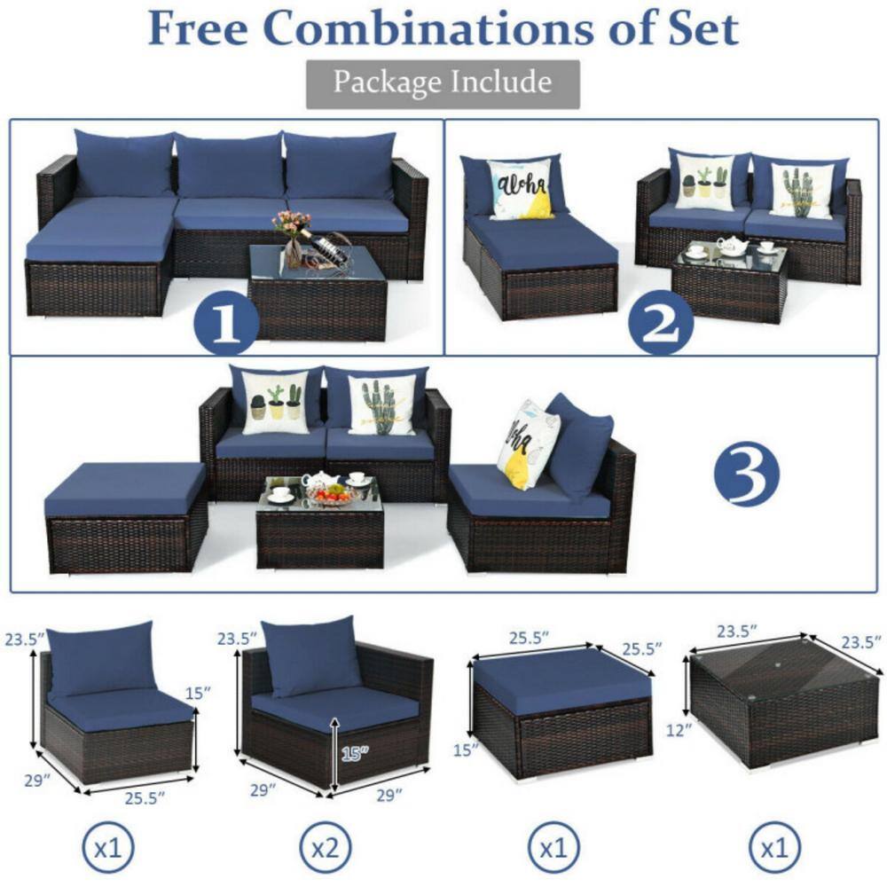 Navy Cushioned 5-Piece Brown Aluminum Patio Set