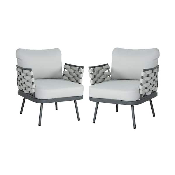 CHRISTOPHER KNIGHT HOME Kaiden Modern Grey Metal and Rope Weave Patio Outdoor Lounge Chair with Light Gray Cushions, Set of 2