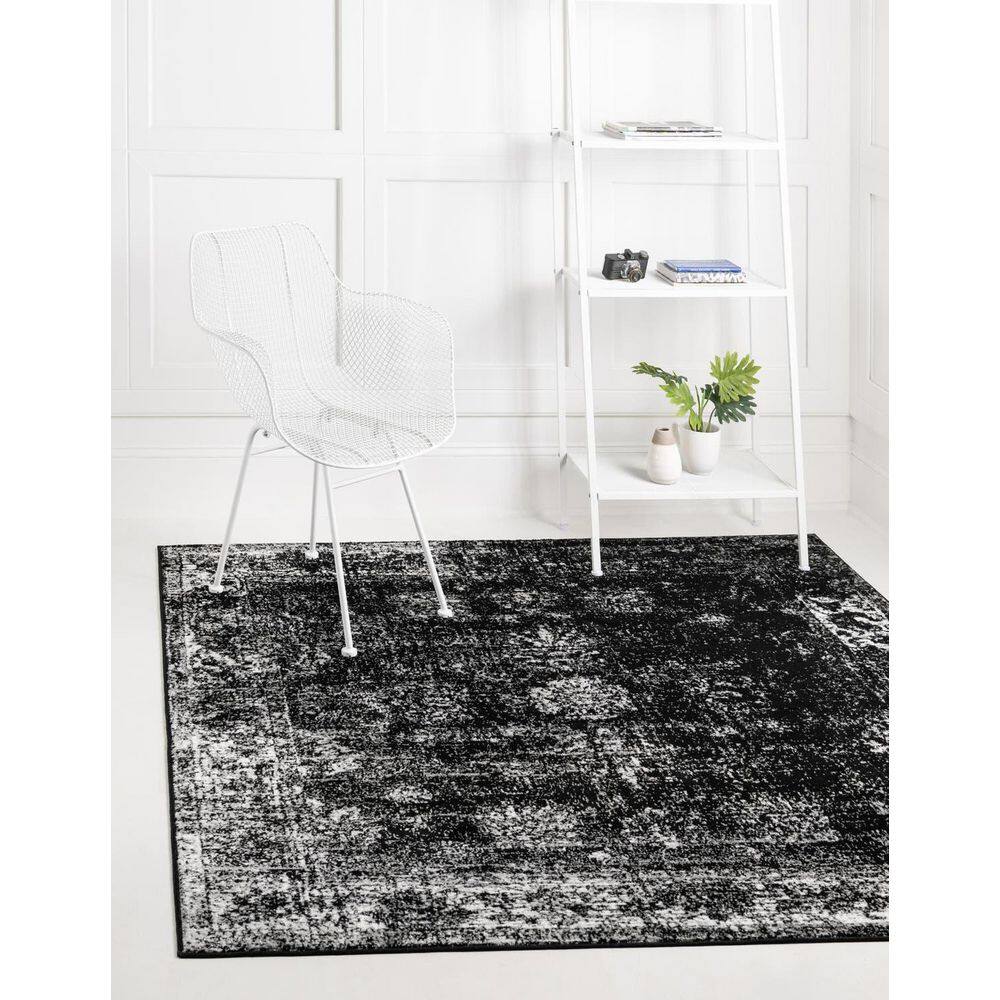 Sofia Collection Black and Ivory 6' Square Synthetic Area Rug