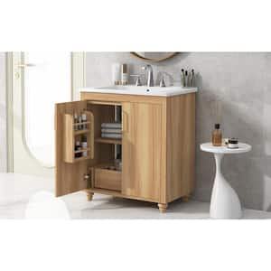 30 in. W x 18.3 in. D x 34.4 in. H Freestanding Bath Vanity in Natural w White Ceramic Single Sink Top, Doors & Drawer