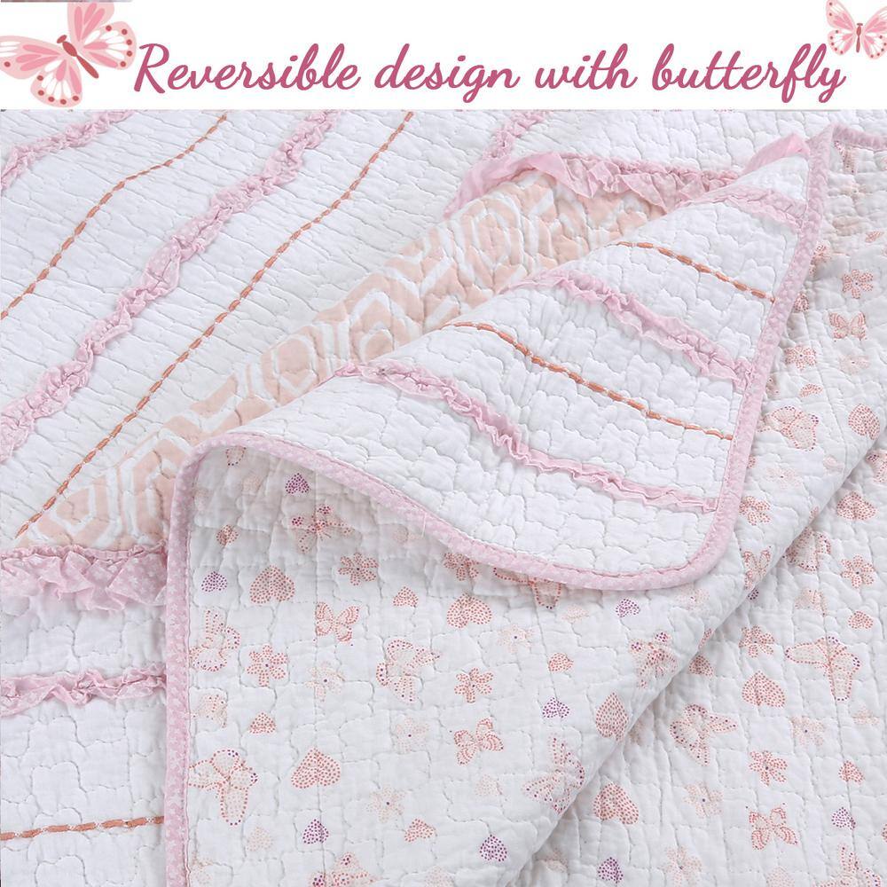 Pink and White Cotton Reversible Twin Quilt Set