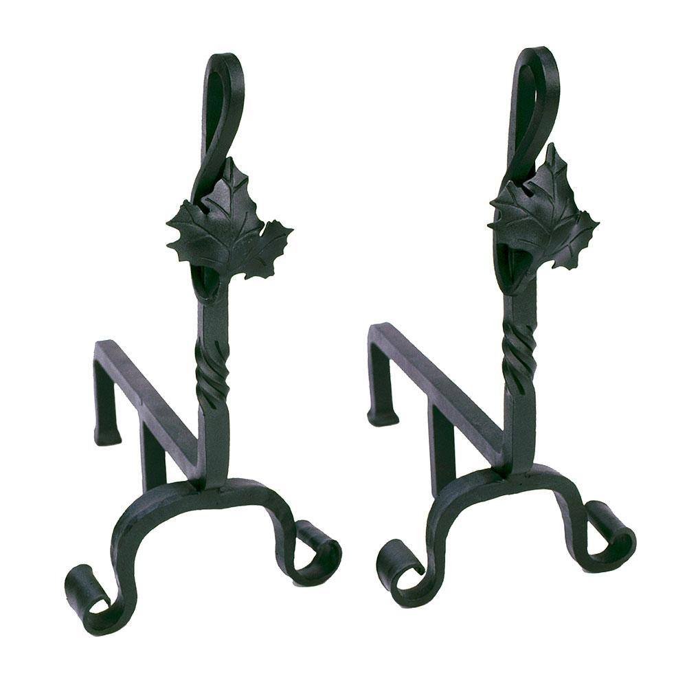 15.25" Black Wrought Iron Maple Leaf Fireplace Andirons