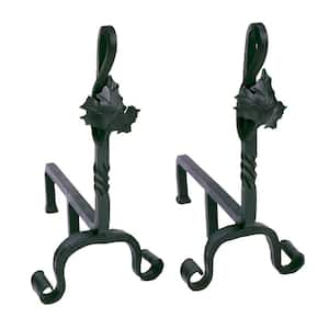 15.25 in. Tall Black Decorative Maple Leaf Andirons for Fireplace Logs