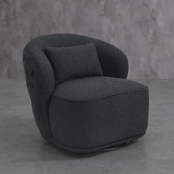 KINWELL Black Boucle Upholstered Tufted Back Swivel Barrel Chair