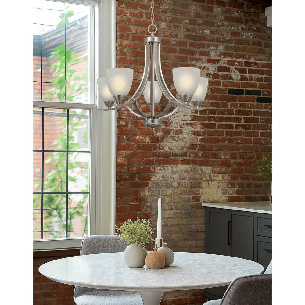 Elegant Brushed Nickel 5-Light Chandelier with Alabaster Glass Shades