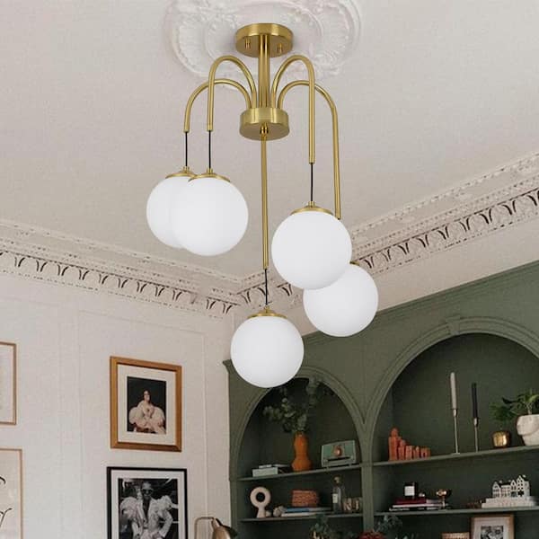 Modern 17.76 in. 5-Light Brass Sputnik Semi-Flush Mount Dimmable Branch Chandelier with Vintage Globe Milk Glass Shade