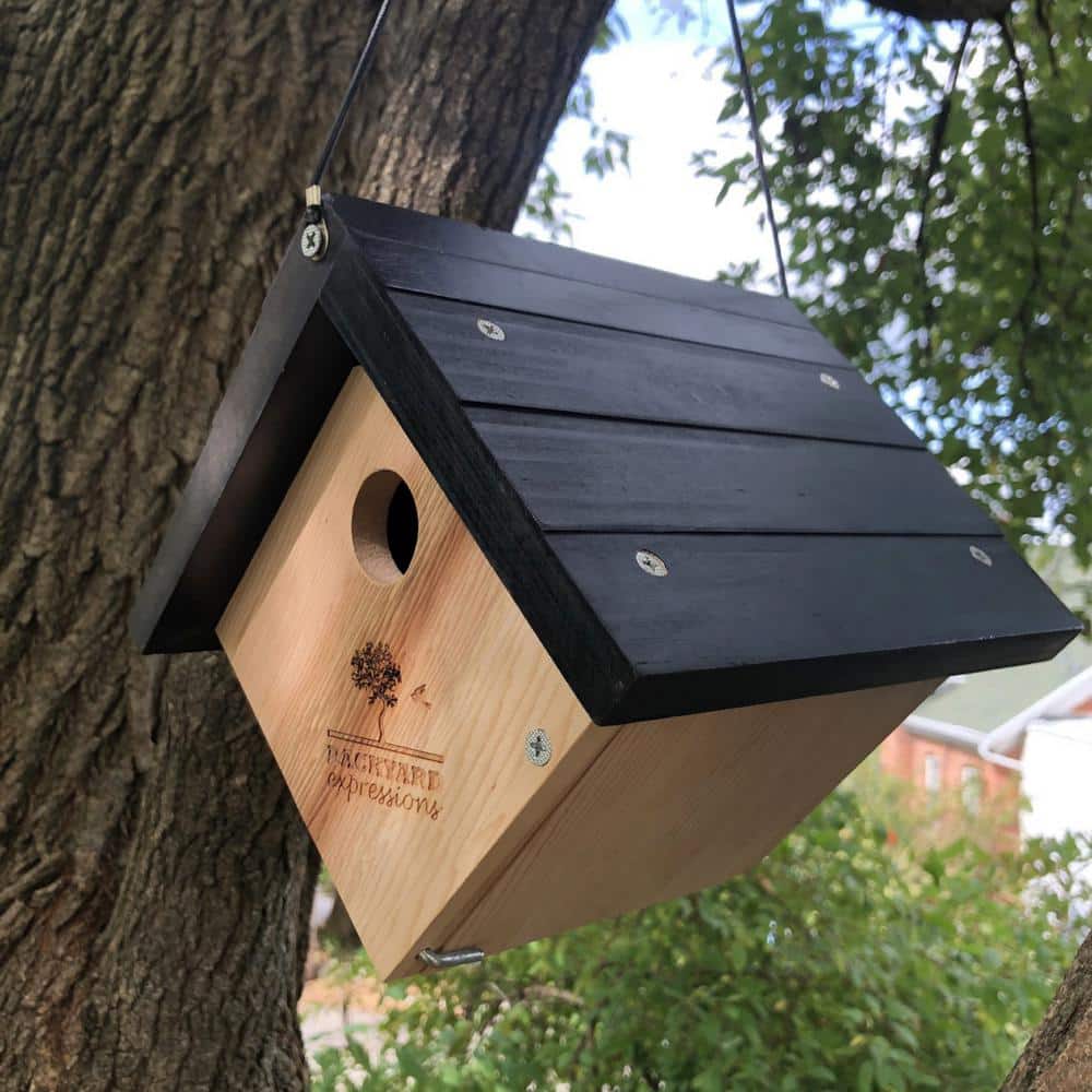 Natural Cedar Triangle Bird House with Black Roof, 8" x 8" x 12"