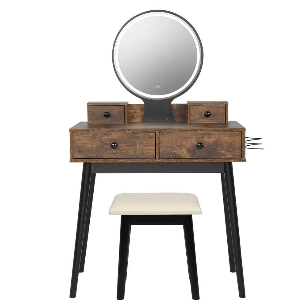 Outopee 4-Drawer Brown and Black Makeup Vanity Set with Lighted Mirror (  53.35 in. H x 31.5 in. W x 15.75 in. D ) 941228124713 - The Home Depot