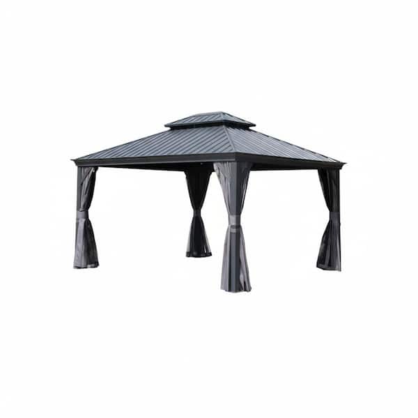 11 ft. x 13 ft. Gray Hardtop Gazebo with Sloping Galvanized Steel Roof, Drainage System, Curtain and Netting