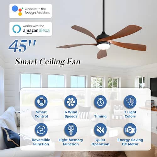 45 In. Indoor/Outdoor Black Smart Downrod Ceiling Fan with Integrated LED and 6 Speed DC Remote APP Control Ceiling Fans With Lights