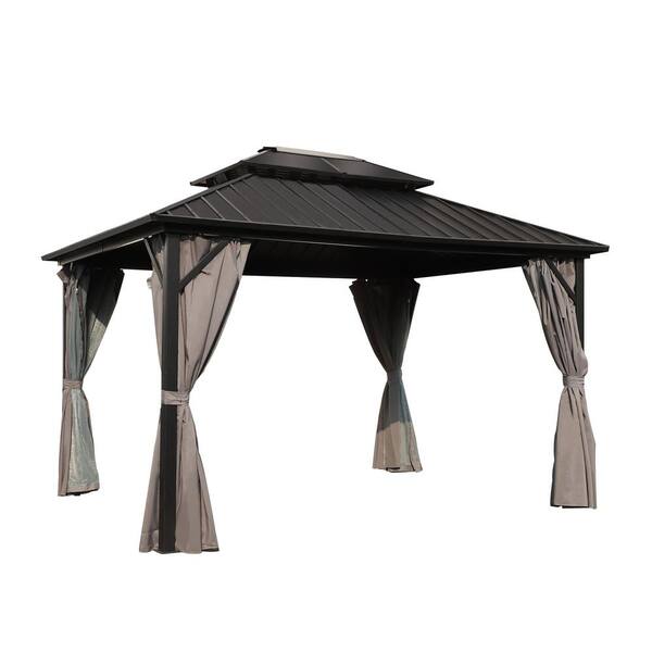 VEIKOUS 20 ft. W x 12 ft. L Aluminum Double Hardtop Gazebo with Grey Curtains and Netting
