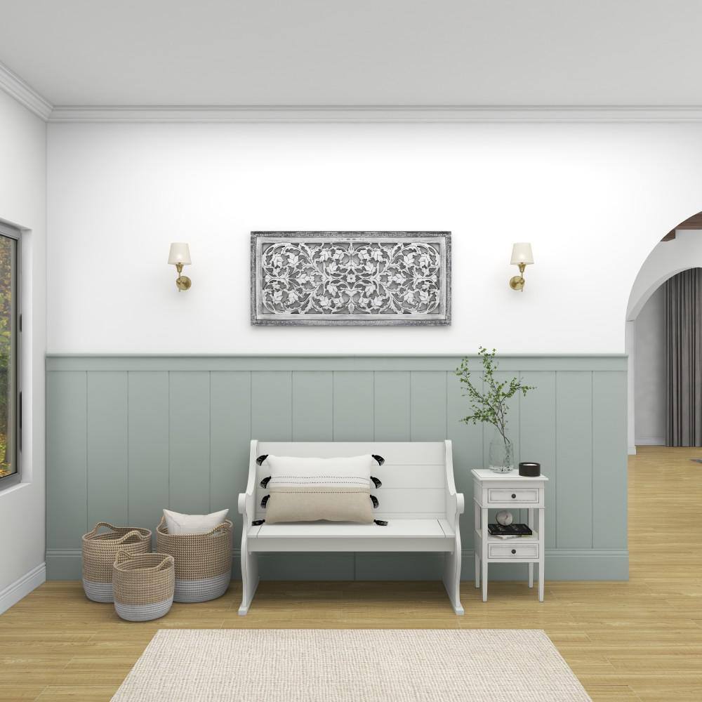 Gray Mango Wood Handmade Intricately Carved Floral Wall Panel