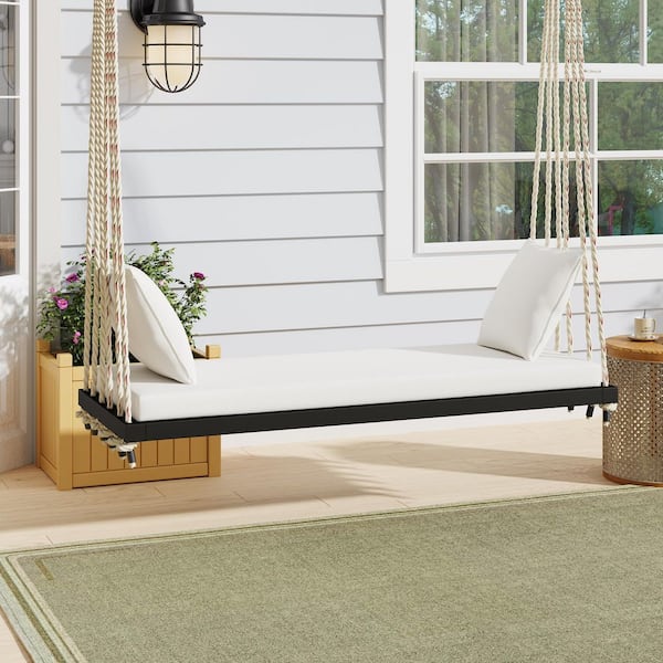 2-Person Black Wood Porch Swing Bench with Beige Cushion and 10.8 Ft Hemp Ropes for Garden