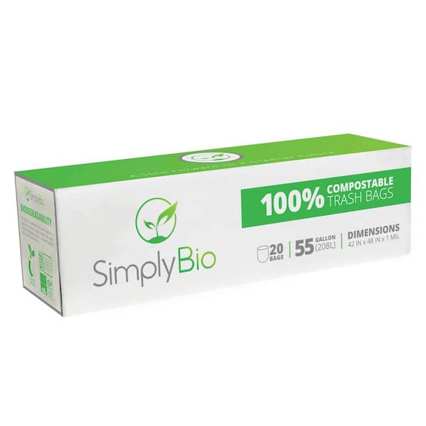 Simply Bio 55 Gal Compostable Bags - Flat Top, 1.57 Mil, Eco-Friendly, Heavy