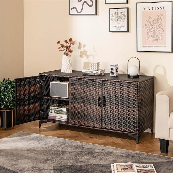 84 Gal. 3-Door Patio Wicker Storage Cabinet Deck Box with Removable Shelves Brown